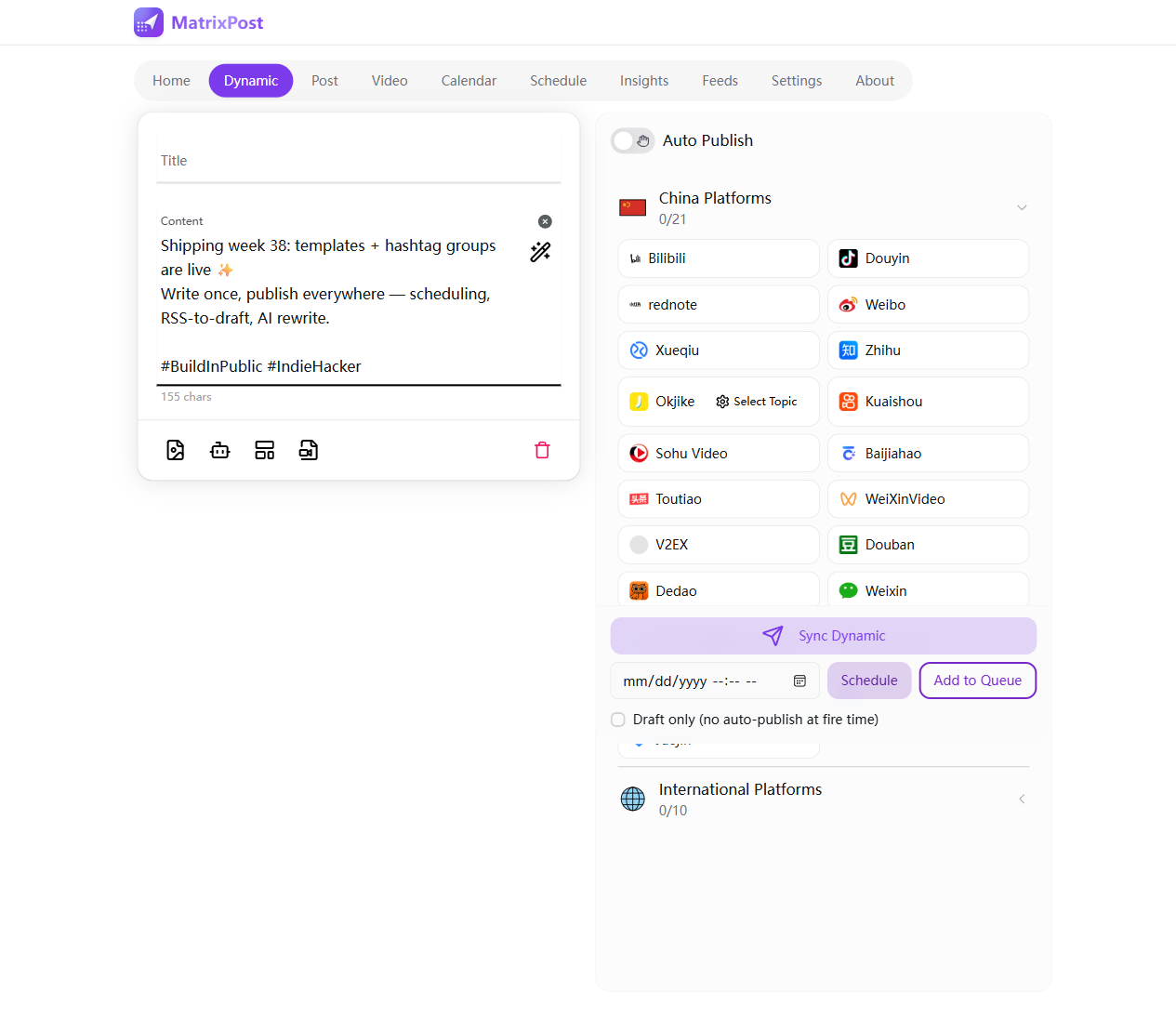 MatrixPost dynamic editor: write once, pick from 21 Chinese platforms