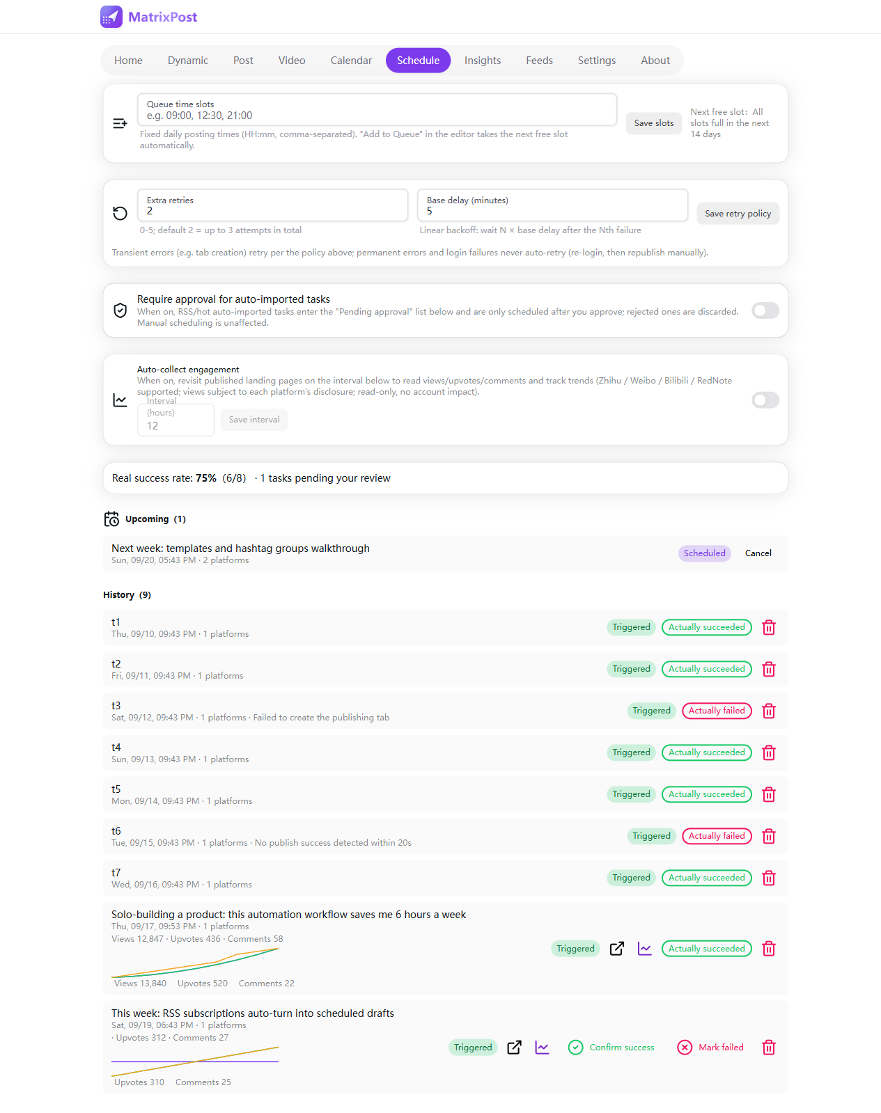MatrixPost schedule: calendar, real success rate, engagement metrics and trend curves