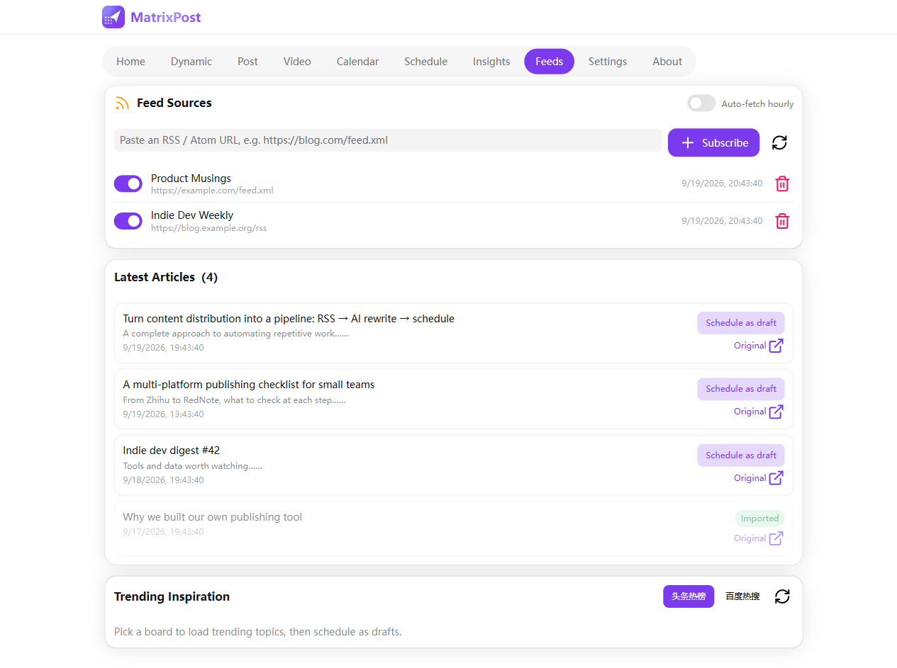 MatrixPost RSS feeds: subscriptions auto-turn into scheduled drafts
